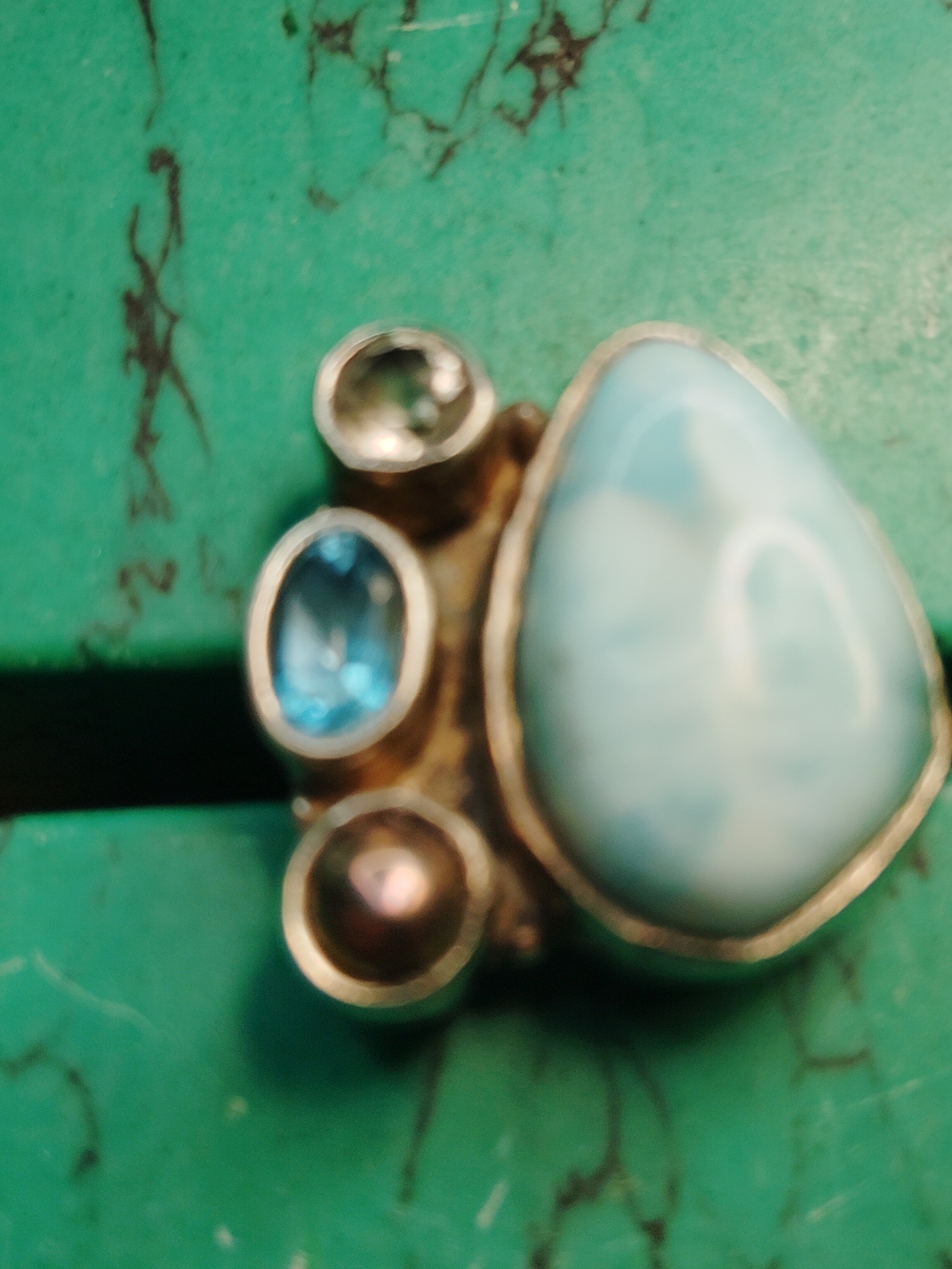 NWT-STERLING  LARIMAR+ -3-ADDITIONAL GEMSTONES, TEARDROP STERLING RING. SIZE 7.